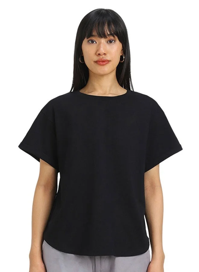 جونبيري تيشيرت قطني أسود بقصة بوي فريند للنساء